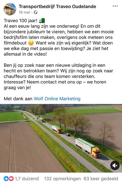 Bericht van Traveo Oudelande: "Traveo 100 jaar! Om dit bijzondere jubileum te vieren hebben we een mooie bedrijfsfilm laten maken."