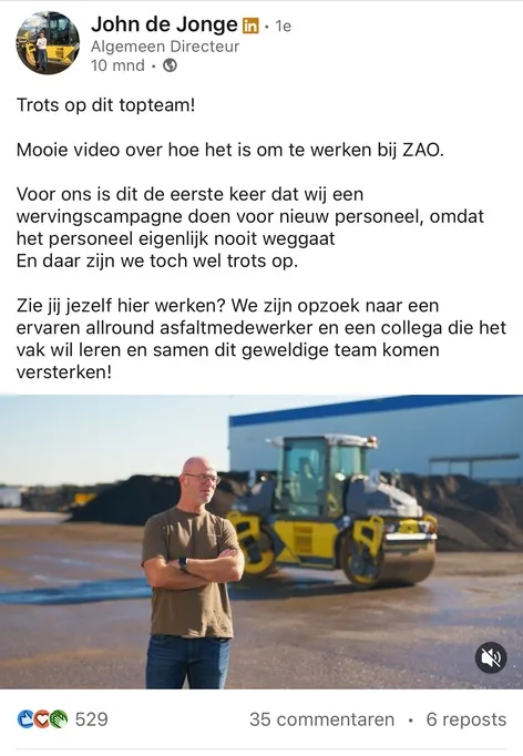 Bericht van John de Jonge: "Trots op dit topteam! Mooie video over hoe het is om te werken bij ZAO."